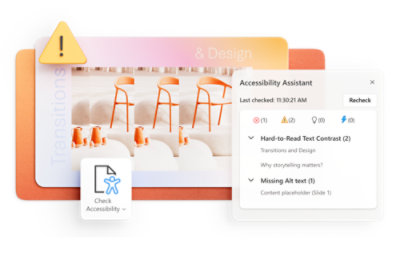 アクセシビリティ チェックのインターフェイス。明るい部屋に置かれたスツールの画像と警告記号が表示されています