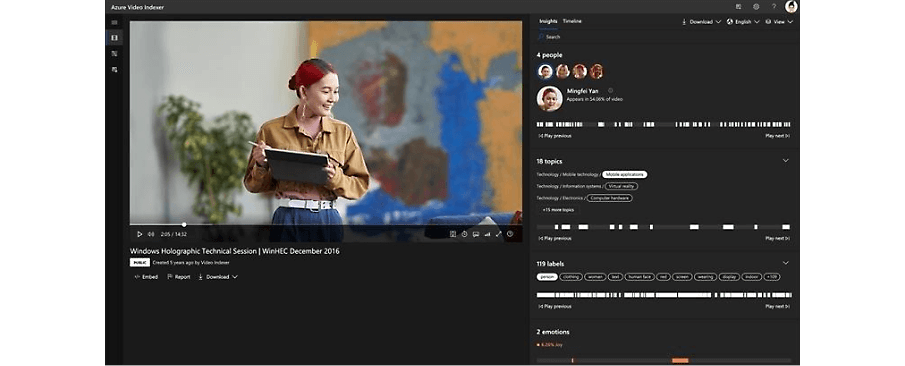 Azure Yapay Zeka Video Indexer'da izlenen bir Windows Holographic Technical Session videosu