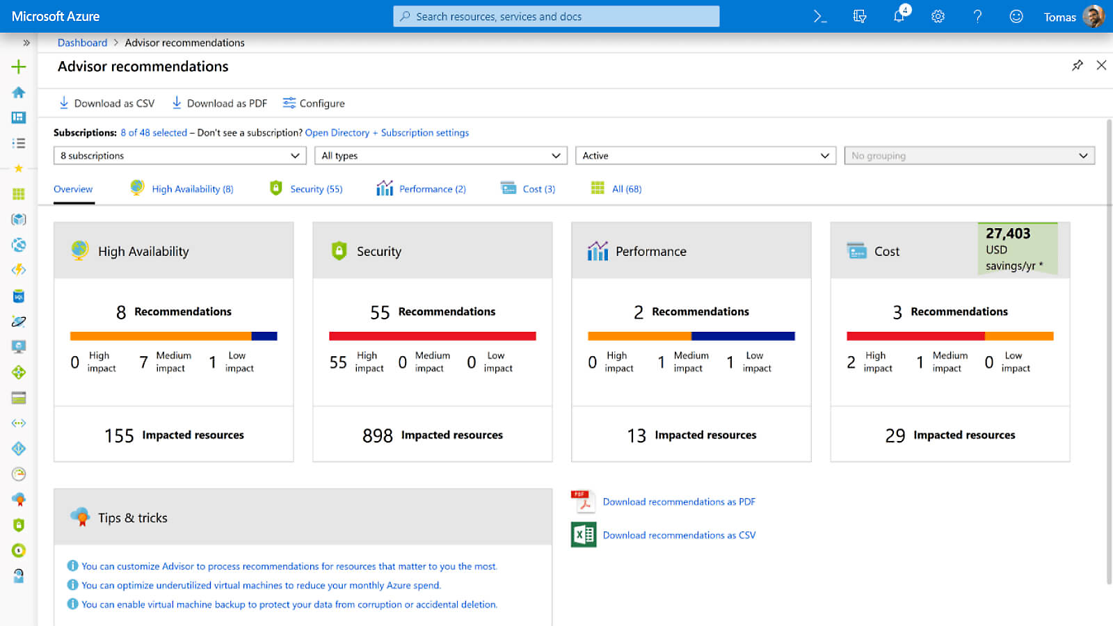 Advisor recommendations based on subscriptions in Azure