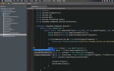 An Image showing a user accepting a recommendation to simplify code in Visual Studio for Mac.