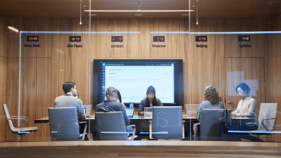 A team working in a conference room with world clocks.