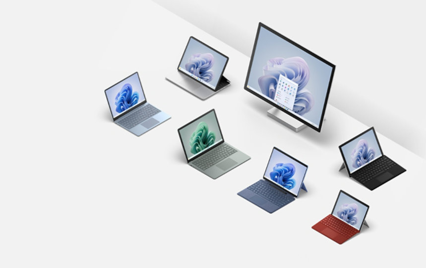 The Surface family of devices in a variety of form factors and colors.