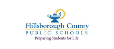 Logo of Hillsborough County Public Schools featuring a lamp of knowledge above a trophy, with the tagline "Preparing Students for Life" below.
