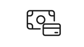 Black on white icon of cash and credit card.