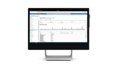 Computer monitor displaying a dashboard with performance metrics and data charts.