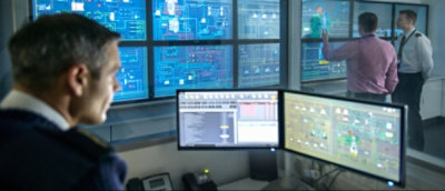 A person looking at several monitors.