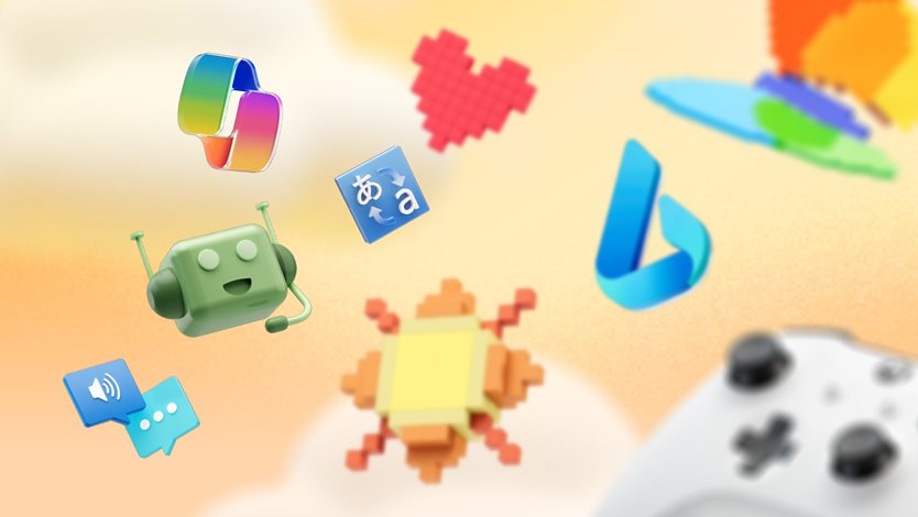 A cloud of icons that reference Microsoft AI advances in search, computing, gaming and more.