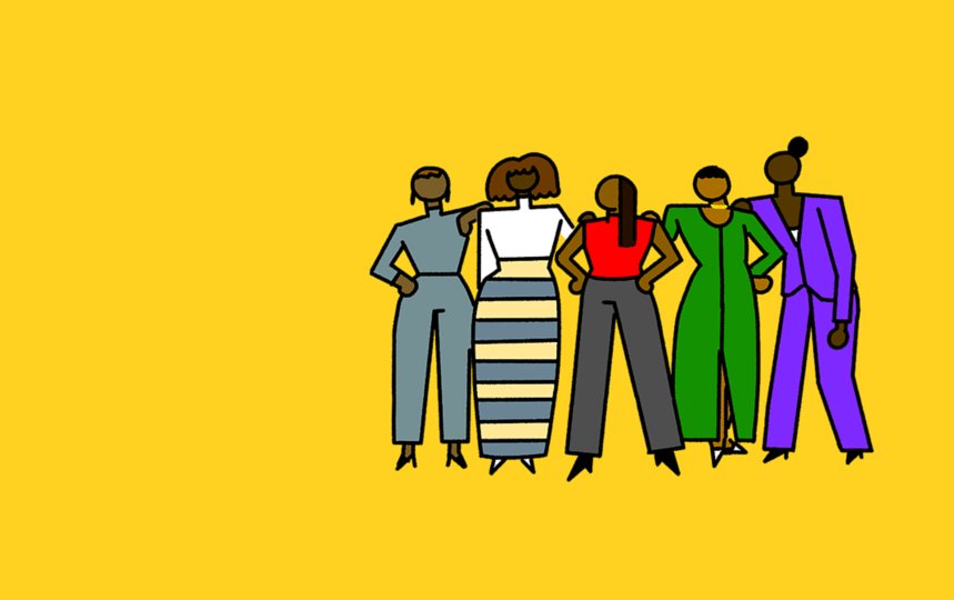 A colorful illustration of women leaning on each other.